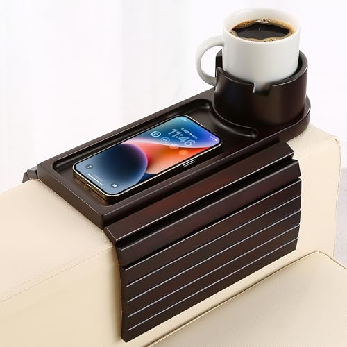 Couch Cup Holder Tray, 15.75" Bamboo Cup Holder for Couch, 3 in 1 Foldable Arm Chair Clip on Side Tray Table for Remote Snack Table on Armrest - color: Black Walnut