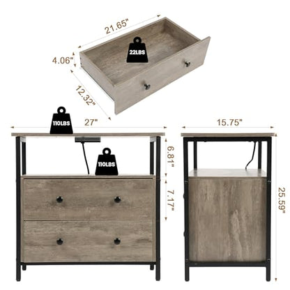 Edbuosy 27 inch Wide Night Stand with Charging Station, Bedside Table with Open Shelf, 2 Drawers Small Wood Dresser, Modern Wood Nightstand for Bedroom/Living Room, Rustic Gray - color: Rustic Gray, size: 27"W-2 Drawers