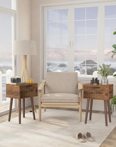 YMYNY Fluted Nightstand Set of 2, Small End Table, Modern Coffee Table with Drawer, Solid Wood Legs, Retaining Chain, 13.8" x 10.6" x 20.9", for Bedroom and Small Spaces, Rustic Brown UHST014H-2 - color: Rustic Brown