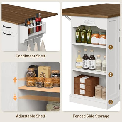 RALGEND Kitchen Island with Power Outlet & Drop Leaf, Rolling Storage Cart with Trash Storage Cabinet, Farmhouse Mobile Island Table for Kitchen, Dining Room, Hidden Casters, White and Walnut - color: White + Walnut