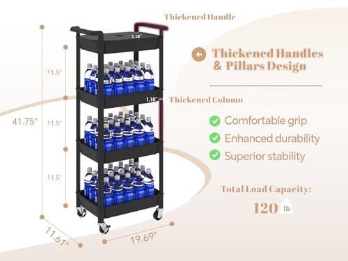 MIOCASA 4-Tier Utility Rolling Cart with Detachable Tray Top, Kitchen Storage Organization, Art Cart with Wheels for Office, Classroom, Livingroom, Kitchen, Bathroom, Black, Plastic - size: 4-Tier, style: Black