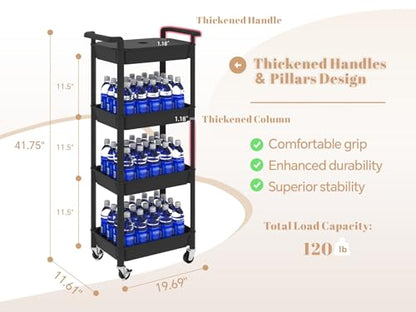 MIOCASA 4-Tier Utility Rolling Cart with Detachable Tray Top, Kitchen Storage Organization, Art Cart with Wheels for Office, Classroom, Livingroom, Kitchen, Bathroom, Black, Plastic - size: 4-Tier, style: Black