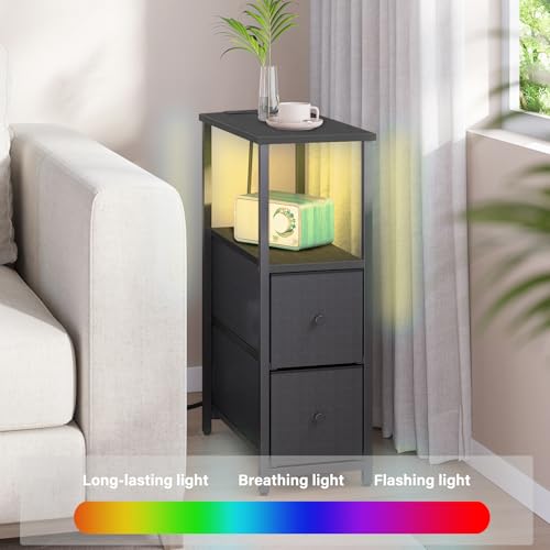 TUTOTAK Small Narrow LED End Table with Charging Station, Side Table Outlets, Nightstand with 2 Cloth Drawers, Set of 2, Couch Table, for Living Room, Bedroom, Bedside, Black TB01BK056 - color: Black, style: 2 Drawers with Plug & Light