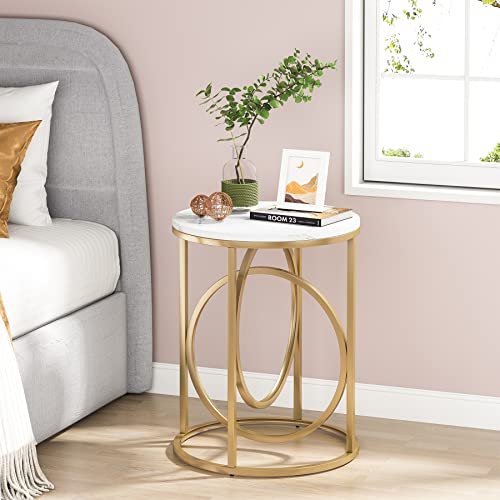 Tribesigns Round End Table, 20" Modern Sofa Side Table with Gold Base, Faux Marble Accent Table Bedside Table Nightstand for Living Room, Bedroom, White and Gold - color: White and Gold, size: 1-PC