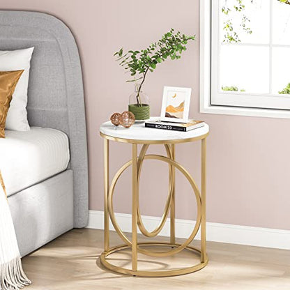 Tribesigns Round End Table, 20" Modern Sofa Side Table with Gold Base, Faux Marble Accent Table Bedside Table Nightstand for Living Room, Bedroom, White and Gold - color: White and Gold, size: 1-PC