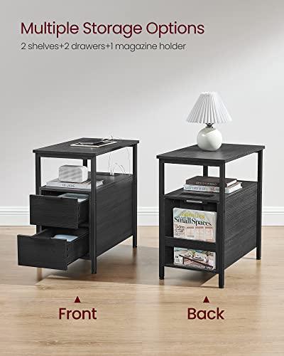 VASAGLE Side End Table with Charging Station, Slim Nightstand with 2 Drawers, Narrow Bedside Table for Living Room, Small Spaces, Charcoal Gray and Ink Black ULET321B22 - color: Charcoal Gray + Ink Black, size: 23.6"D x 13.8"W