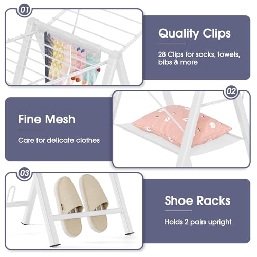 Clothes Drying Rack, 67.7" L Height Adjustable, Foldable, White | 1.5"Folded, No Assembly, Space-Saving, Spacious Design, Adjustable Wings, Clips, Mesh Shelf, Shoe Rack, Indoor & Outdoor Use - color: White