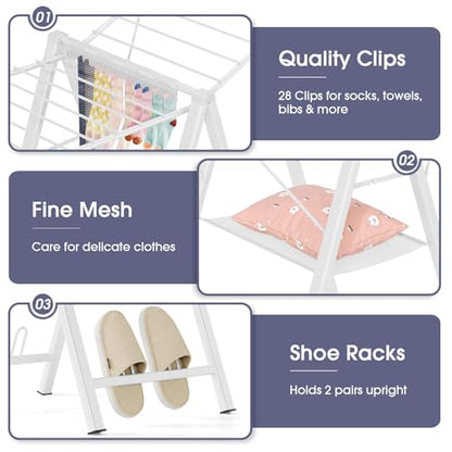 Clothes Drying Rack, 67.7" L Height Adjustable, Foldable, White | 1.5"Folded, No Assembly, Space-Saving, Spacious Design, Adjustable Wings, Clips, Mesh Shelf, Shoe Rack, Indoor & Outdoor Use - color: White