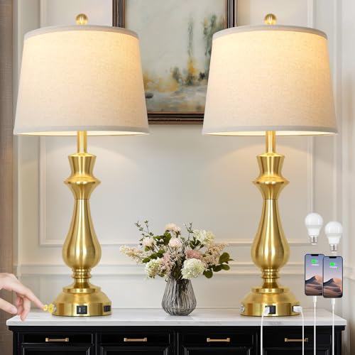 Touch Lamps for Night Stands Set of 2-29.5" Tall Bedside Lamp with USB C+A, 3 Way Dimmable Bedroom Lamps, Gold Metal Table Lamps for Living Room - color: Gold