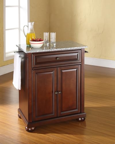 Crosley Furniture Alexandria Granite Top Small Portable Rolling Kitchen Island Storage Cart, Microwave Stand, Mahogany - color: Mahogany, style: Solid Grey Granite Top