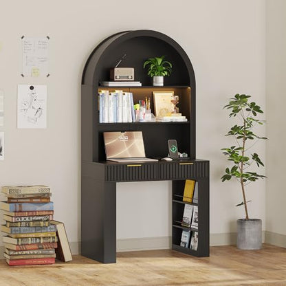 Arched Writing Desk with Hutch, Home Office Desk with 2 Drawers, Secretary Desk with Outlets, 3 Color LED Lights, Open Shelves, Computer Desk for Small Space, Bedroom 35.4" W x 70.8" H (Black)