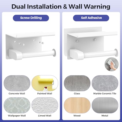 Bntuk Toilet Paper Holder with Shelf, Self-Adhesive or Screw Wall Mount Toilet Paper Holder with Wipes Storage, Rustproof Stainless Steel Tissue Roll Holder for Bathroom Washroom (White) - color: White