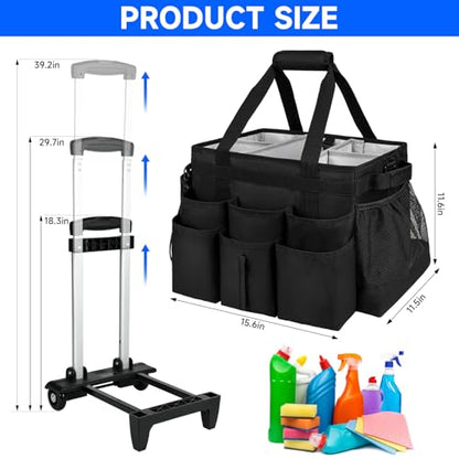 Large Rolling Cleaning Caddy Bag with Detachable Trolley,Cleaning Cart on Wheels with Shoulder Strap,Cleaning Supplies Organizer for Housekeepers,Black - color: Black