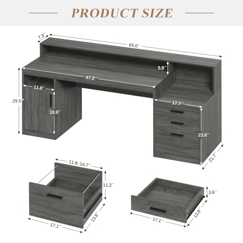 YOMILUVE Executive Computer Desk with 3 Drawers & Storage Shelves, 65 Inch Home Office Desk with File Drawer & Cabinet, Writing Study Desks with Monitor Stand & Printer Shelf, Dark Grey - color: Dark Gray