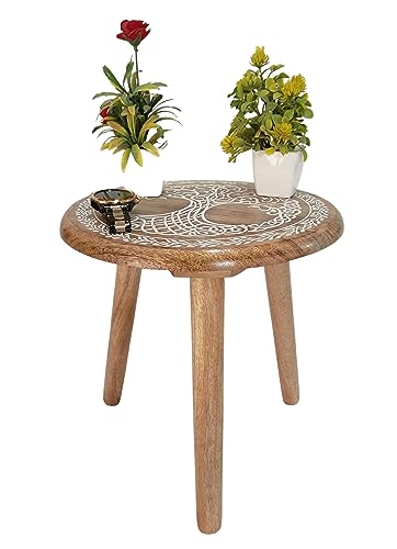VANIYA CRAFTS® Wooden Engraved Fold-able Side Table/End Table/Plant Stand/Stool for Living Room Bedroom Restaurant Kids Play Furniture Table Round Shape (Natural White 4) - color: Natural White 4