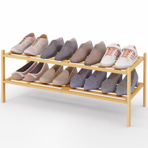 Smiry Long Bamboo Shoe Rack, 2 Tier Free Standing Wooden Shoe Organizer, Stackable Wood Shoe Storage Shelf for Closet, Entryway, 5 Horizontal Slats, 33.9"x11"x13", Natural - color: Natural, size: 2 Tier - 33.9" Wide