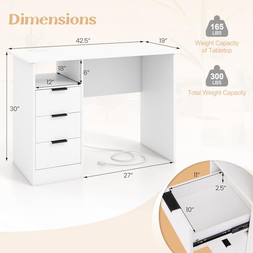 White Computer Desk with Charging Station, Home Office Desks with 3 Drawers & Open Storage Shelf, Modern Makeup Vanity for Bedroom, Wooden Study Writing Table Workstation