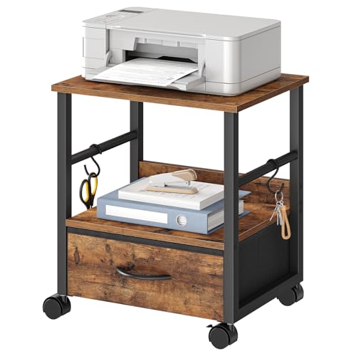 HOOBRO 2-Tier Printer Stand, Under Desk Printer Table with Drawer, Printer Cart with Storage, with Casters/Adjustable Feet, for Home Office, Study, Living Room, Rustic Brown and Black, BF20PS01