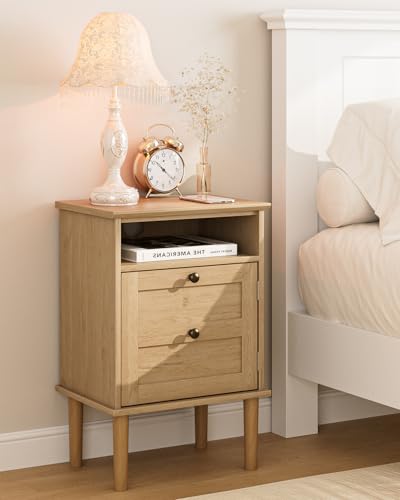 Nightstand, Boho Night Stand with 1 Drawer, Modern Side Accent Table with Open Shelf, Wooden Top Bedside End Table for Bedroom, Living Room, Natural - color: Natural