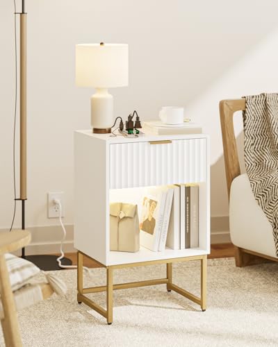Masupu Fluted Nightstand with Charging Station and LED Lights,Modern Night Stand Wood Bedside Table with Storage Drawer Side End Table for Bedroom, Office,White - color: Light-white