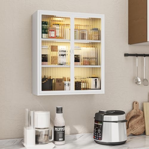 3-Tier Bathroom Wall Cabinet with 2 LED Light | Metal Medicine Cabinet with Glass Doors, Laundry Room Cabinets Storage, Black Over Toilet Modern Storage Cabinet for Bathroom - style: Full Glass Door White