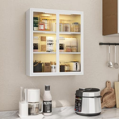 3-Tier Bathroom Wall Cabinet with 2 LED Light | Metal Medicine Cabinet with Glass Doors, Laundry Room Cabinets Storage, Black Over Toilet Modern Storage Cabinet for Bathroom - style: Full Glass Door White