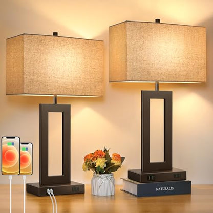 Set of 2 Touch Control Table Lamps with 2 USB Ports&AC Outlet, 3-Way Dimmable Modern Nightstand Lamp Sets, Brown Bedside Desk Lamps for Bedroom Living Room End Tables, Bulbs Included, Cream Shade | 3 Way Dimmable, Touch Control, Fabric Cream Shade, Nights