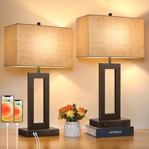 Set of 2 Touch Control Table Lamps with 2 USB Ports&AC Outlet, 3-Way Dimmable Modern Nightstand Lamp Sets, Brown Bedside Desk Lamps for Bedroom Living Room End Tables, Bulbs Included, Cream Shade | 3 Way Dimmable, Touch Control, Fabric Cream Shade, Nights