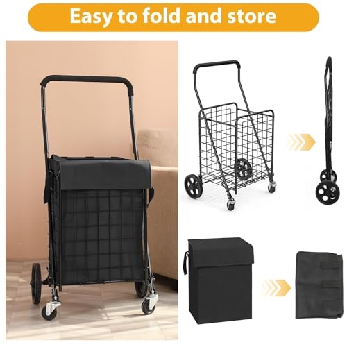 Kiffler Foldable Shopping Cart with Waterproof Basket Liner & 360° Swivel Wheels | Collapsible, Lightweigt| Perfect for Groceries, Laundry, Max 100 LBS Utility Cart for Seniors, Apartments - size: Medium+Bag
