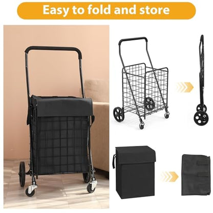 Kiffler Foldable Shopping Cart with Waterproof Basket Liner & 360° Swivel Wheels | Collapsible, Lightweigt| Perfect for Groceries, Laundry, Max 100 LBS Utility Cart for Seniors, Apartments - size: Medium+Bag