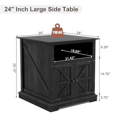 MUUEGM Black End Table Living Room Set of 2 Large Farmhouse Nightstand Sofa Side Table with Charging Station Rustic Wood Square Bedside with Barn Door Rustic Wood with Storage for Living Room,Bedroom - color: Matte Set 2