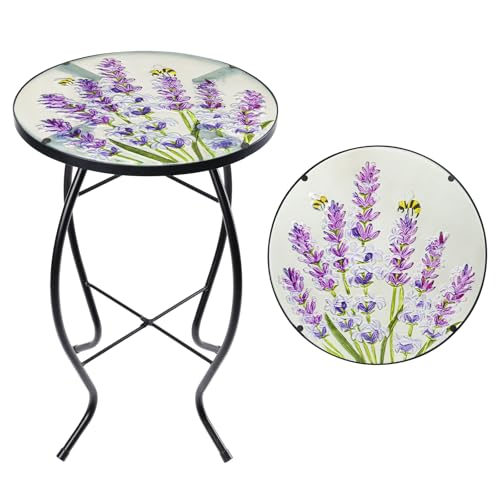 MUMTOP Outdoor End Tables for Patio, Lavender Small Round Side Table, Glass Accent Table for Outside, Garden, Balcony, Porch, Indoor Home Decor - color: Lavender