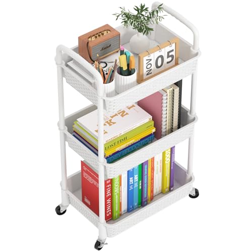 MOYIPIN 3-Tier Plastic Rolling Utility Cart with Handle,Utility Storage Cart for Office, Living Room, Kitchen,Movable Storage Organizer Shelves,White - color: White, size: 3-Tiers without cups
