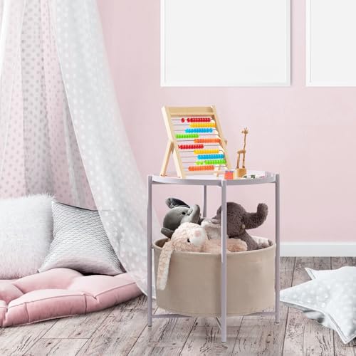 danpinera Round Side Table with Fabric Storage Basket, Small Coffee Table | Metal End Stand with Removable Serving Tray, Modern Nightstand for Small Space, Living Room, Bedroom, Nursery, Light Violet - color: Light Violet