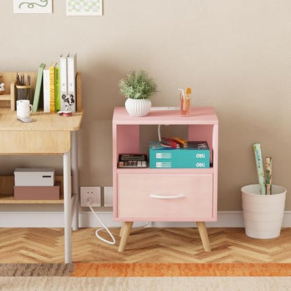 Huhote Kids Nightstand, 2-Tier Night Stand with Charging Station and Drawer, Modern Side Table for Bedroom, Study Room Small Spaces, Pink - color: Pink, size: 2-Tier with Charging