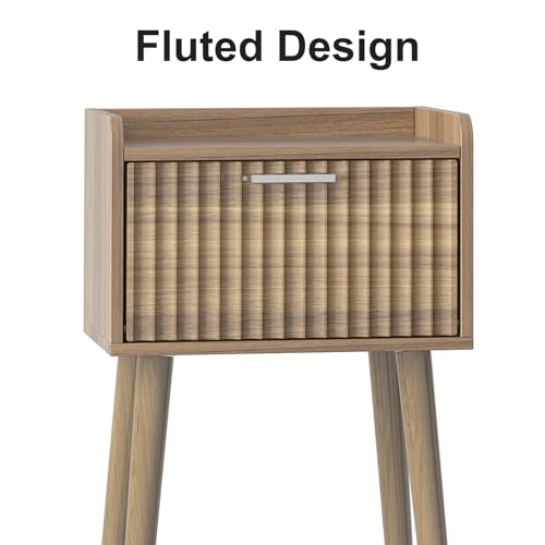 LAATOOREE Small Nightstand Set of 2, Side End Table with Fluted Door, Bedside Table with Solid Wood Legs, Mid-Century, for Bedroom, Small Beds - color: Rustic Walnut, style: Fluted Style