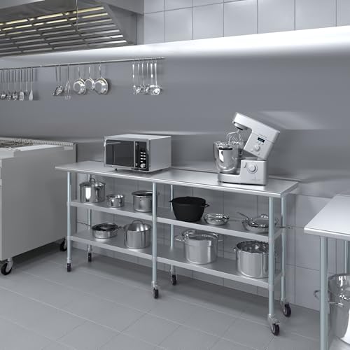 AmGood Stainless Steel Work Table with 2 Shelves and Casters | Metal Utility Table On Wheels (Stainless Steel Work Table with 2 Shelves + Casters, 84" Long x 18" Deep) - size: 84" Long x 18" Deep
