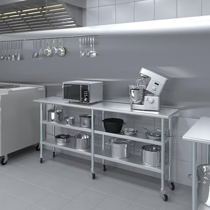 AmGood Stainless Steel Work Table with 2 Shelves and Casters | Metal Utility Table On Wheels (Stainless Steel Work Table with 2 Shelves + Casters, 84" Long x 18" Deep) - size: 84" Long x 18" Deep