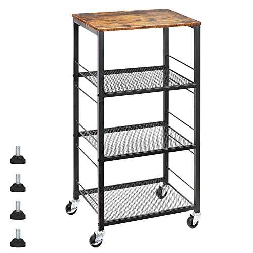 CADUKE Kitchen Storage Cart Baker's Rack 4-Tier Island Serving Bar Cart on Wheel Industrial Wood End Side Table Storage Trolley Rack for Bedside Bathroom and Office