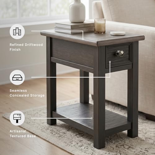 Signature Design by Ashley Narrow Chairside End Table with Charging Station | Smooth-gliding remote drawer, Lower display shelf, Rustic 2-tone finish, Tyler Creek Series - color: Black