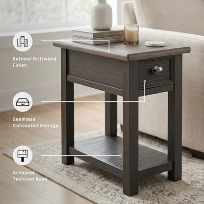 Signature Design by Ashley Narrow Chairside End Table with Charging Station | Smooth-gliding remote drawer, Lower display shelf, Rustic 2-tone finish, Tyler Creek Series - color: Black