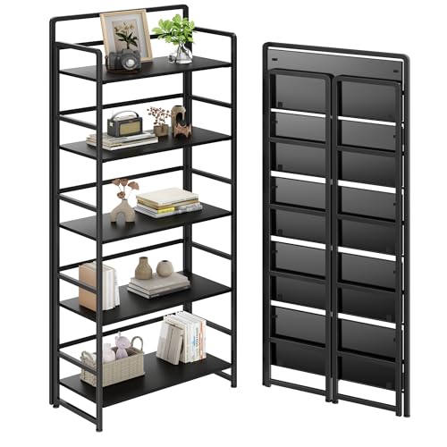 Folding Bookshelf 5 Tiers,No Assembly,Vintage Wood Bookcase Storage,Black | 65.7''H Vintage Wood Collapsible Portable Bookcase,Foldable Storage Rack,Organizer for Living Room, Bedroom, Home Office - color: Black, size: 5-tier