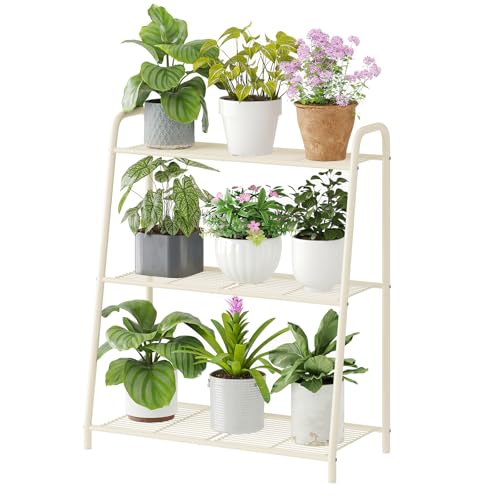 3-Tier Corner Plant Stand, Metal Black Flower Pot Rack, Indoor Outdoor Heavy Duty Shelf (Cream, 3 Tier) - color: Cream, size: 3 Tier