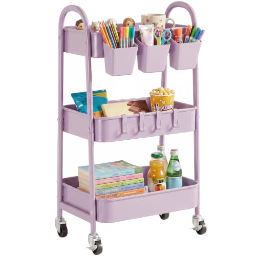 3-Tier Rolling Cart, Utility Cart Mobile Metal Rolling Storage Cart with Lockable Wheels & Hanging Cups & Hooks for Kitchen, Bathroom, Office, Workshop, Purple - color: Purple, size: 3 tier
