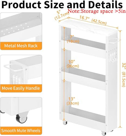 XYZLVSI Slim Storage Cart, 4 Tier Narrow Kitchen Rolling Cart with Wheels | 5.1" W narrow shelf for small spaces, 13" bottom metal utility cart with handle for bathroom/laundry, skinny storage cart - size: 5.1IN-White