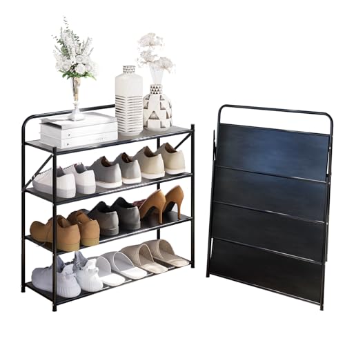 4 Tier No-Assembly Shoe Rack, Foldable Shoes Rack Organizer Without Installation, Portable Solid Metal Shoe Shelves for Closet, Entryway, Front Door Entrance - size: 4 Tier