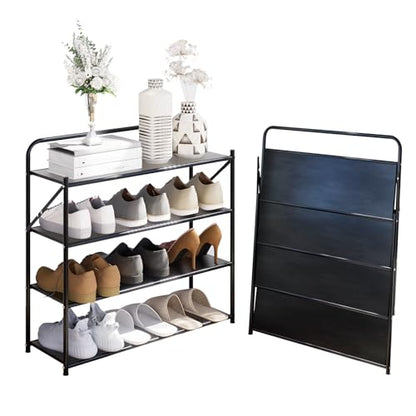 4 Tier No-Assembly Shoe Rack, Foldable Shoes Rack Organizer Without Installation, Portable Solid Metal Shoe Shelves for Closet, Entryway, Front Door Entrance - size: 4 Tier