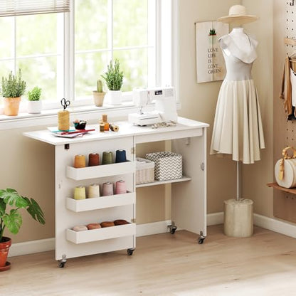 DREAMADE Folding Sewing Table with Storage, Craft Table w/Charging Station, 5 Lockable Wheels, Storage Bins & Shelf, Sewing Machine Desk for Home Office, Apartment, Studio (White) - color: White