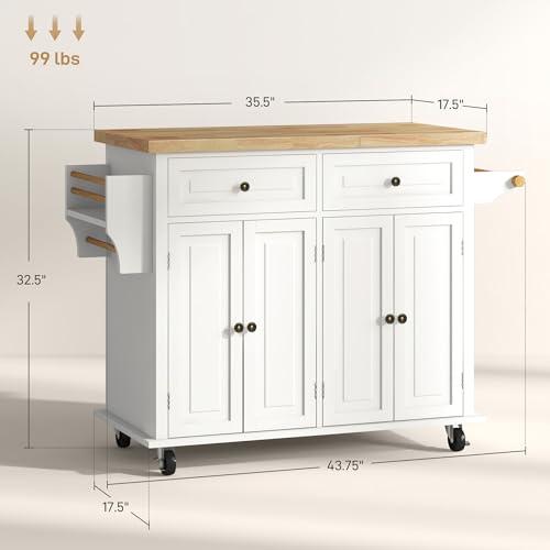 HOMCOM Kitchen Island Cart with Solid Wood Top, 44" Mobile Kitchen Island Table on Wheels with Storage Cabinets, 2 Drawers, Adjustable Shelves, Spice Rack & Towel Bar for Dining Room, Cream White - color: Cream White