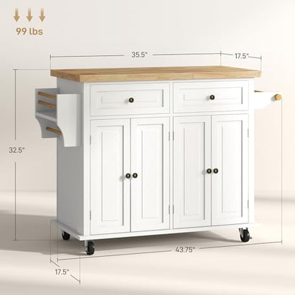 HOMCOM Kitchen Island Cart Solid Wood Top 44" Mobile 2 Drawers Cream White | Kitchen Island Table, on Wheels, Storage Cabinets, 2 Drawers, Adjustable Shelves, Spice Rack & Towel Bar, for Dining Room - color: Cream White